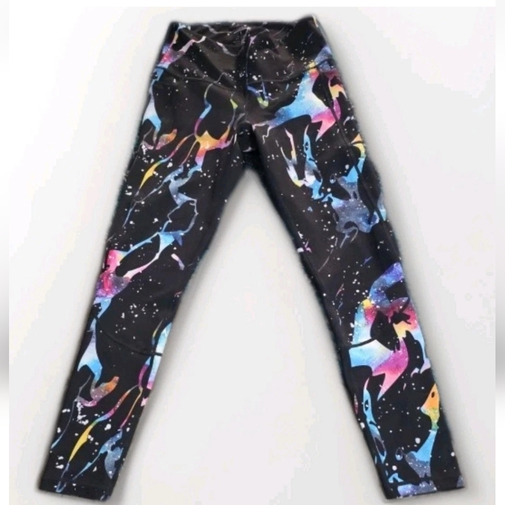 FMFM Long Leggings Size Large Paint Splash Feed Me Fight Me Exercise Pants Euc